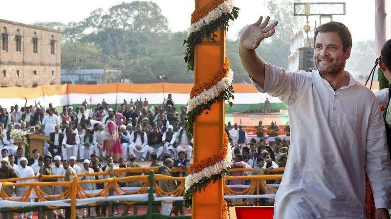 Congress vice President Rahul Gandhi gestures to the crowd during a rally. (Photo: PTI)