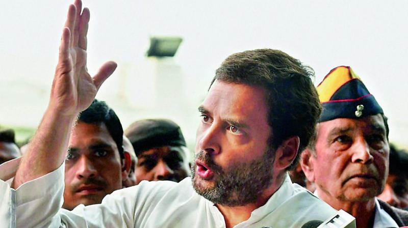 Congress Vice-President Rahul Gandhi addressing the media after a meeting with several ex-servicemen at party headquarters in New Delhi on Friday. 	(Photo: PTI)