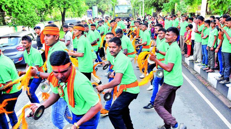 MCEME cadets dance while taking the Ganesh idol for immersion from Trimulgherry to Shameerpet Lake on Tuesday. The cadets had installed the idol at the Guruvayurappan Mandir in the cantonment in connection with Ganesh celebrations.  (Photo: DC)