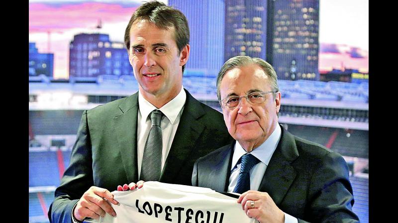 President of Real Madrid, Florentino Perez (right) and newly appointed Real Madrid coach Julen Lopetegui.  (Photo:AP)