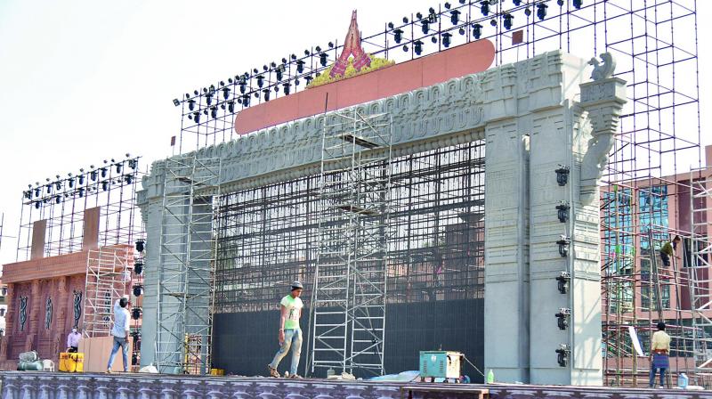 Arrangements for the World Telugu Conference in progress at LB Stadium on Thursday. (Photo: DC)
