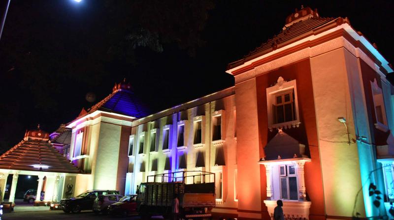 Potti Sriramulu Telugu University at Nampally all decked up with lights for the World Telugu Conference.  (Photo: S. Surender Reddy)