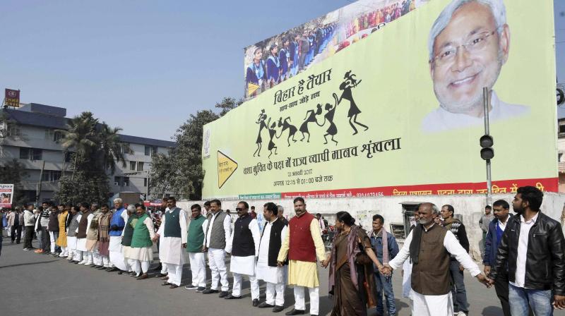 Lakhs of people formed a massive human chain against alcoholism and other addictions at historical Gandhi Maidan in Patna on Saturday. (Photo: PTI)