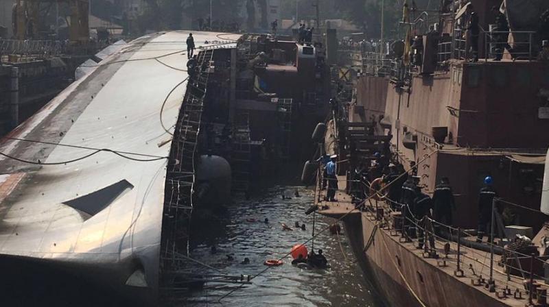Two personnel were on Monday killed and 15 others injured when INS Betwa tipped over during undocking at Naval Dockyard in Mumbai. (Photo: Twitter)