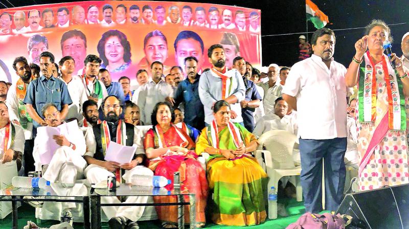 Ms Nirmala, wife of former Congress MLA Jagga Reddy addresses a meeting which was also attended by TPCC chief N. Uttam Kumar Reddy and former ministers J. Geeta Reddy and V. Sunitha Laxma Reddy in Sangareddy on Wednesday.