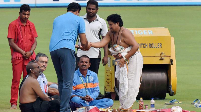 Indian coach Anil Kumble also joined the priest in performing the pitch pravesh puja. (Photo: PTI)
