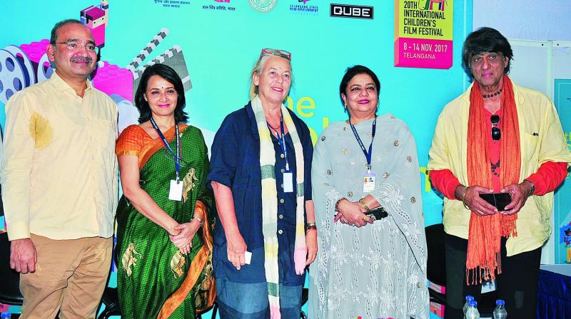 From left, Dr Shravan Kumar, Amala Akkineni, Sannette and Mukesh Khanna address an open forum on women and childrens films