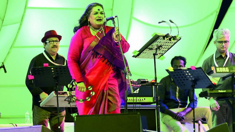 Singer Usha Uthup enthrals the public with her performance at the Sounds on Sand programme near Kursura Submarine Museum on the Beach Road in Visakhapatnam on Saturday. (Photo: Deccan Chronicle)