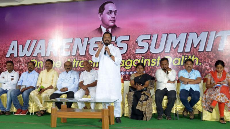 Former MP GV Harsha Kumar speaks at an awareness summit on atrocities against Dalits in Rajahmundry on Saturday. (Photo: DC)