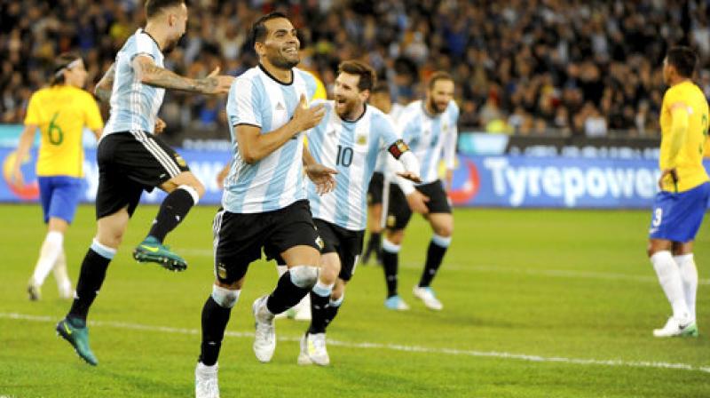 A goal from Sevilla defender Gabriel Mercado right on half-time proved the eventual winner as Argentina matched the worlds number one ranked Brazilians at the Melbourne Cricket Ground.