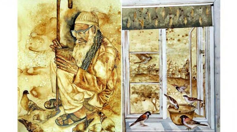 (Left) intriguing visuals: Afzas sepia-toned artwork is straight from the streets around Charminar. (Right) fresh experiences: The painting is inspired by her present surroundings in Sydney, Australia