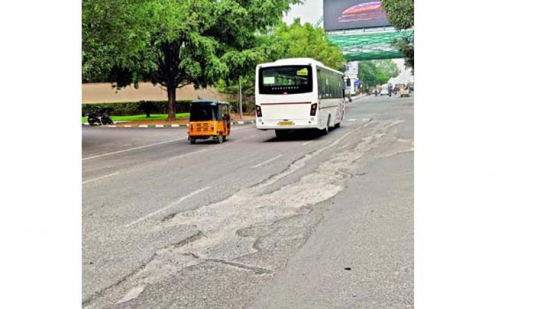 The road in bad condition at ISB Gachibowli.