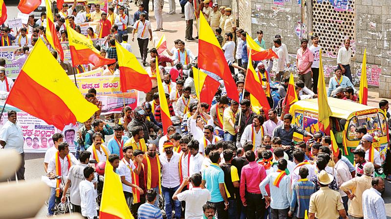 Kannada activists take out a rally in support of the bandh in Bengaluru on Thursday. (Photo: DC)