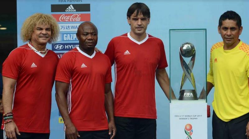 (Left to right) Carlos Valderrama, Emmanuel Amuneke, Fernando Morientes, Jorge Campos and Marcel Desailly (not in pic) played for the FIFA Legends team that won 5-4. (Photo: Rajesh Jadhav/ DC)