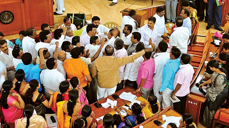 Corporators from the BJP protest during the BBMP Council meeting in Bengaluru on Tuesday  (Photo: DC)