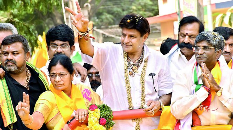 Actor-turned-politician N. Balakrishna campaigns for TD Serilingampally candidate Bhavya Anand Prasad on Sunday. (DC)