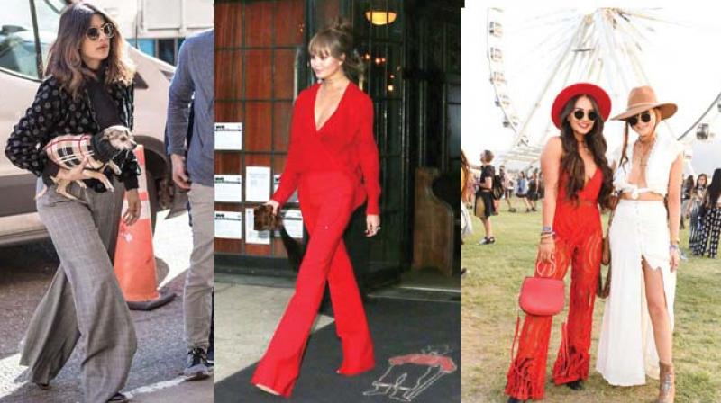 Priyanka Chopra in her office look wearing long flared pants, Chrissy Teigen sporting a red flared pants and Coachella fashion trend of wearing long pants