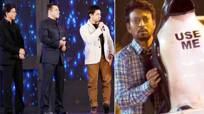 Shah Rukh, Salman, Aamir Khan at a show; Irrfan Khan in a still from Blackmail.