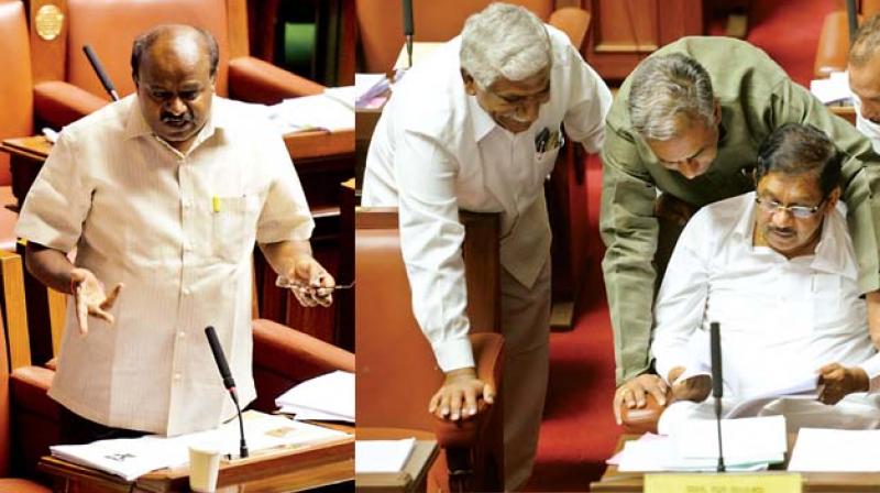 State JD(S) President H.D. Kumaraswamy speaks during the Assembly session on Friday. (Top) Home Minister Dr G. Parameshwar with MLCs Basavaraj Horatti and Ivan DSouza during the Council session 	(Photo:DC)