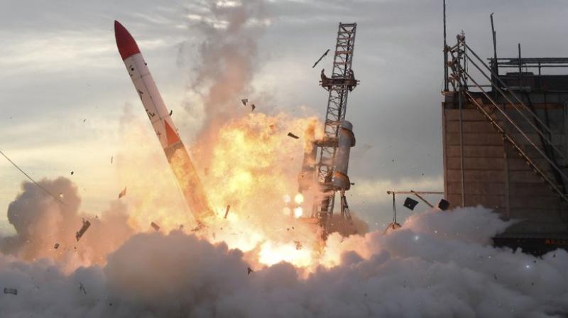 The 10-meter (33-foot) pencil rocket lifted only slightly from its launch pad before dropping to the ground, disappearing in a fireball.  (AP Photo)