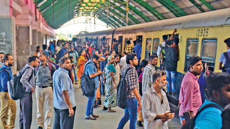 MRTS train service on the beach line stranded due to technical problems at Triplicane station on Friday. 	(Photo: DC)