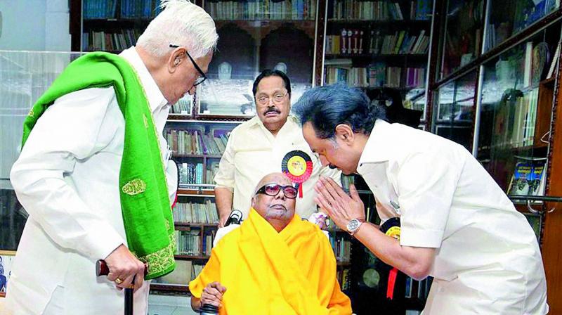 MK Stalin seeks blessings of the DMK patriarch M. Karunanidhi after being elected as the working president at the partys general council meeting, in Chennai on Wednesday. (Photo:  PTI)