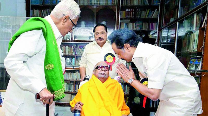 MK Stalin seeks blessings of the DMK patriarch M. Karunanidhi after being elected as the working president at the partys general council meeting, in Chennai on Wednesday. (Photo: PTI)
