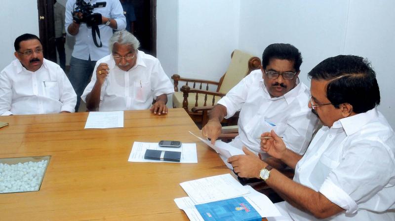 KPCC vice-president M.M. Hassan, former chief minister Oommen Chandy, KPCC president V.M. Sudheeran and Opposition leader Ramesh Chennithala at Cantonment House to attend the UDF meeting in Thiruvananthapuram on Tuesday. (Photo: A.V. MUZAFAR)