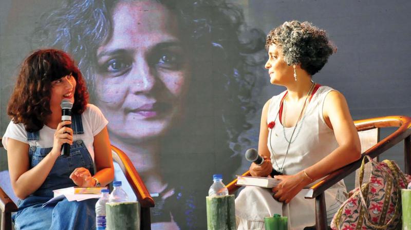 Writer Arundati Roy and Divya Dwivedi during the Kerala Literature Festival at Kozhikode.  (Photo: Viswajith K.)