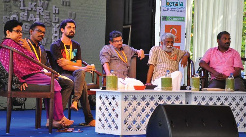 (From left) Deedi Damodaran, M.R. Renukumar, Lasar Shine, Asokan Charuvil, Civic Chandran and M.B. Manoj attend the panel discussion during the Kerala Literature Festival in Kozhikode on Sunday. (Photo: Viswajith)