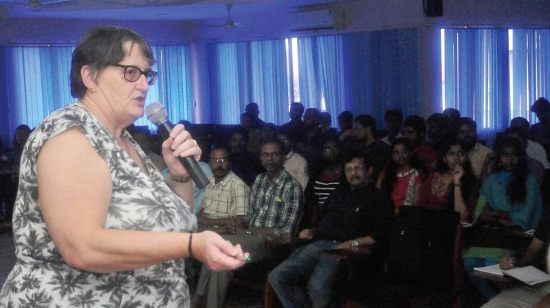 British space scientist Monica Grady speaks during the programme held at Kerala State Science and Technology Museum on Tuesday.	(Photo: DC)