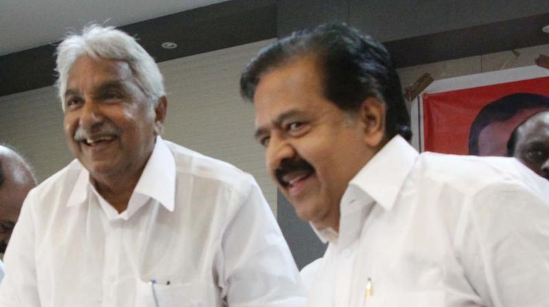 Former chief minister Oommen Chandy and Opposition leader Ramesh Chennithala at the Press Club in Kottayam on Saturday. (Photo: Rajeev Prasad)