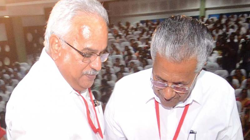 CPI state secretary Kanam Rajendran welcomes Chief Minister Pinarayi Vijayan to the CPI state meet venue in Malappuram on Friday.  (Photo: DC)