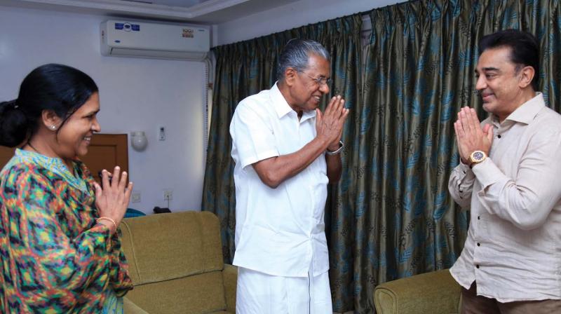 Actor-turned-politician Kamal Haasan calls on Chief Minister Pinarayi Vijayan and his wife Kamala at the Circuit house, Chennai on Saturday.