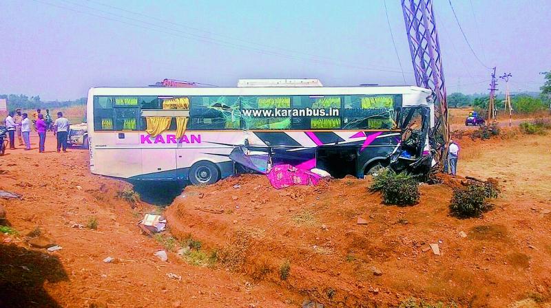 Bus that rammed into the tipper in Sangareddy on Saturday morning.