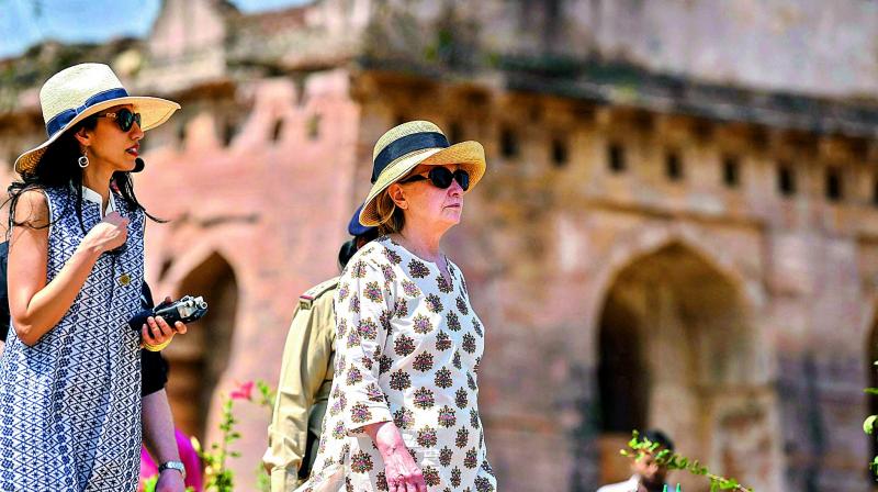 Former US secretary of state Hillary Clinton arrives at a historical monument, at Mandu in Indore. (Photo: PTI)