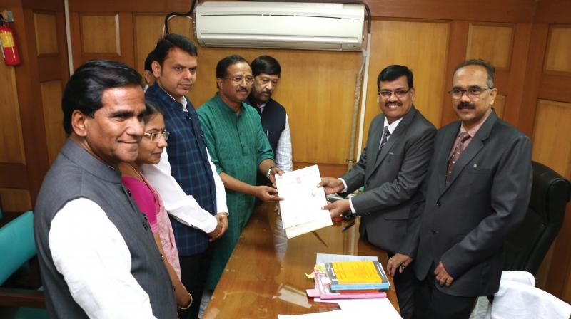 Former BJP state president V. Muraleedharan files his nomination papers for Rajya Sabha polls from Maharashtra before the legislative assembly deputy secretary Vilas Athawale on Monday. Also seen are Maharashtra Chief Minister Devendra Fadnavis, Maharashtra state BJP president Raosaheb Patil Danveand and Mr Muraleedharans wife Dr K. S. Jayashree among others.