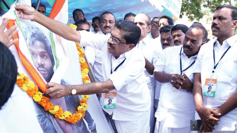 Congress leader V.M. Sudheeran during a protest meet organised by Dalit Congress in Thrissur on Monday. (Photo: DC)
