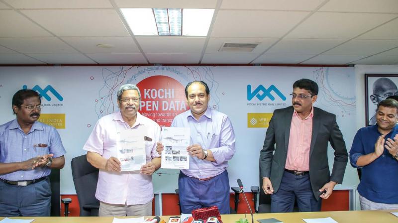 Smart City CEO Manoj Nair and KMRL MD Mohammed Hanish launch the new website of Kochi Metro on Friday. (Photo: DC)