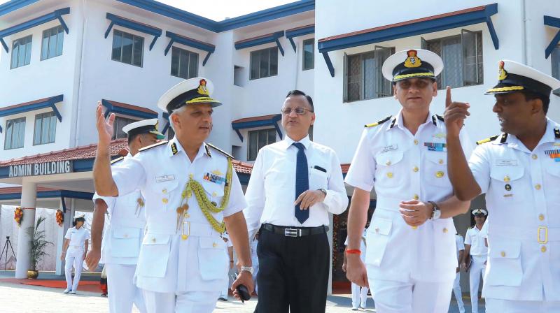 Rajendra Singh, director-general Indian Coast Guard, arrives for the inauguration of Coast Guard Air Enclave in Kochi along with other officials the other day. (Photo: ARUN CHANDRABOSE)