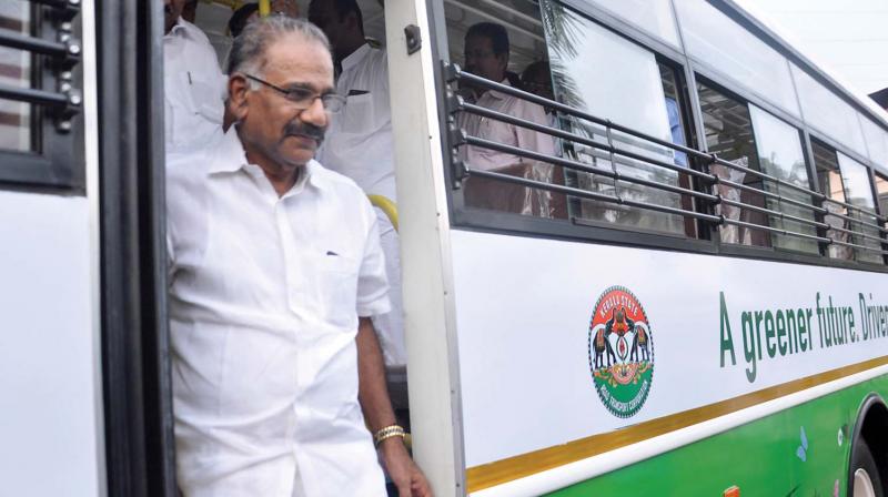 Transport minister A.K. Saseendran exits KSRTCs first CNG bus after its maiden trip in Kochi on Thursday. (Photo: DC)