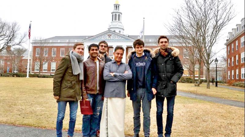 Actor Kamal Haasan with students of Harvard Business School after delivering a speech on Sunday.(Photo: DC)