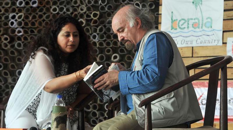 Indian-English writer Anita Nair with Slovenian writer and playwright Evald Flisar during a talk on My Writing My Thinking at the second edition of Kerala Literature Festival on  Kozhikode Beach on Friday.	 (Photo: VENUGOPAL)