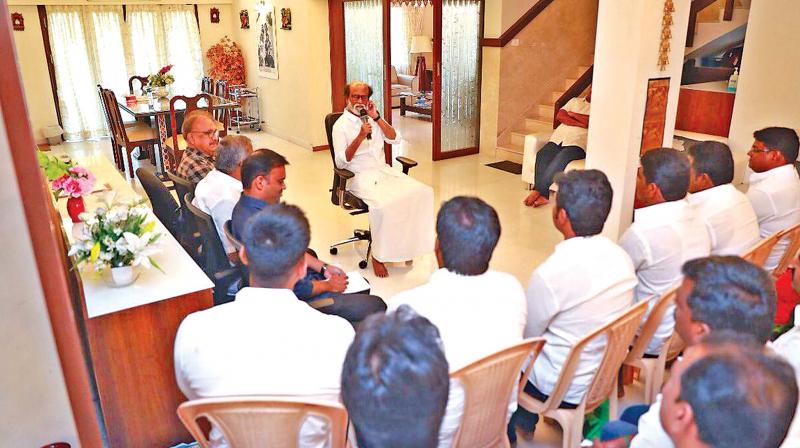 Actor turned politician Rajinikanth held discussions with youth wing secretaries of Rajini Makkal Manram at his Poes Garden residence on Sunday (Photo: DC)
