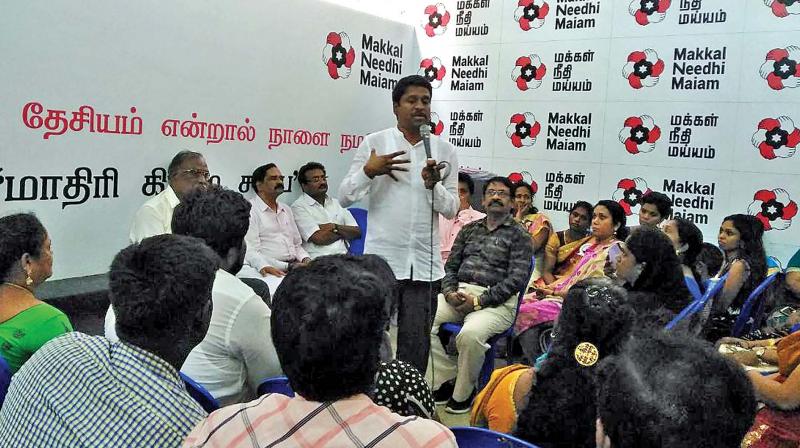 North zone coordinators of Kamal Haasan-founded MNM discussing Maiyam Whictle App at their party headoffice on Sunday. (Photo: DC)