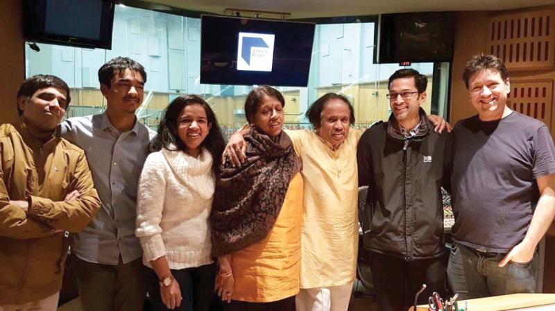 (From left) HV Pramod, Ambi, Bindu, Kavita Krishnamurthy, L Subramaniam, Mario de Sa of London Symphony and Jonathan Allen of Abbey Road.