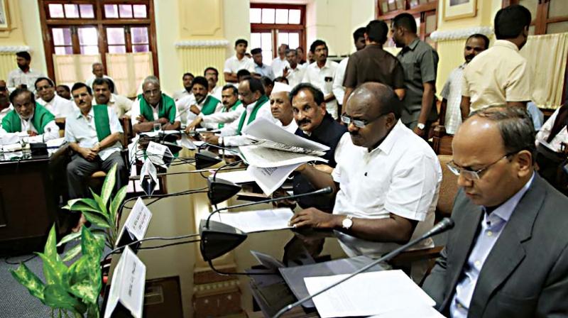 Chief Mnister H.D. Kumaraswamy at a meeting with leaders of sugarcane farmers at Vidhana Soudha in Bengaluru on Tuesday