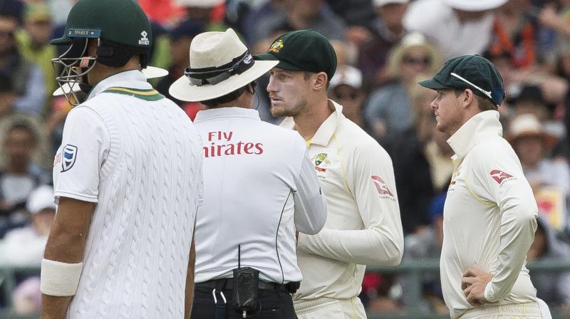 Cameron Bancroft was caught on camera placing sticky yellow tape, which he used to pick up rough granules off the pitch, into the front of his pants when he believed his cheat had been spotted by the umpires. (Photo: AP)