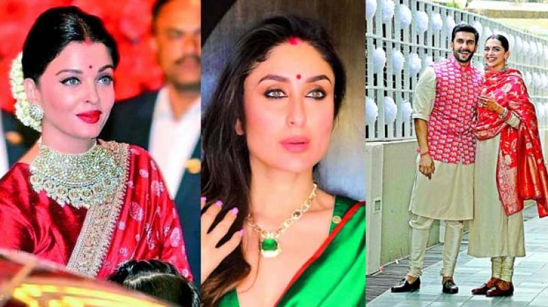 Married women today are happily flaunting their suhaag ki nishani;  Aishwarya Rai Bachchan, Kareena Kapoor and Ranveer Singh-Deepika Padukone.