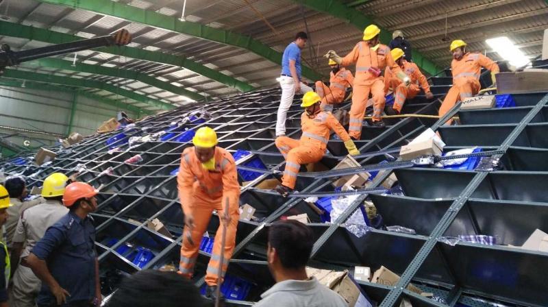 Rescue work in progress at a warehouse in Whitefield where iron racks collapsed and killed three workers on Thursday 	DC